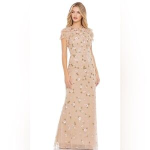 Mac Duggal Floral Embroidered Maxi Dress in Tan